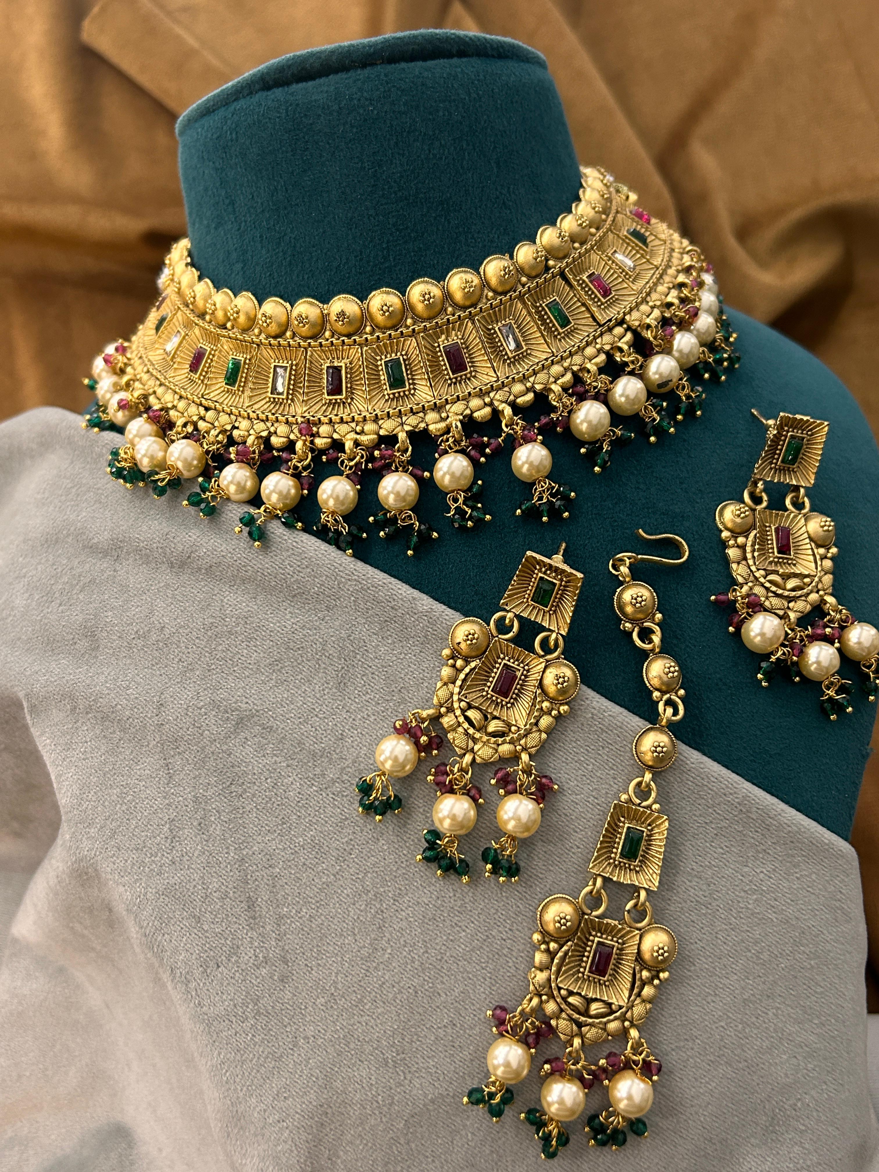 Antique Pearl Temple Choker Set with Earrings & Maang Tikka